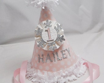 Girl Snowflake Party Hat Personalized, Pink and Silver, 1st First Baby Toddler Birthday, Winter Onederland Smash Cake Photo Prop