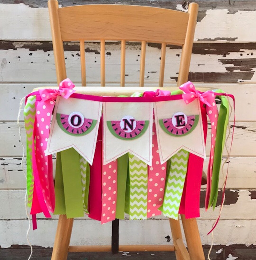 Watermelon High Chair Banner Ribbon and Fabric, One 1st First Birthday Girl, Summer Birthday