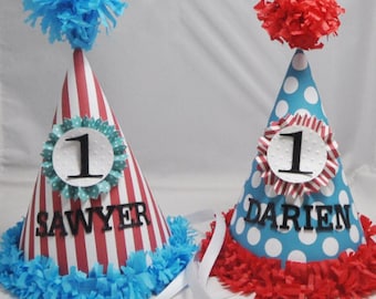 Boy Girl Twins Party Hats Personalized, Polka Dots and Stripes, 1st Birthday Baby Toddler Smash Cake Twin Photo Props