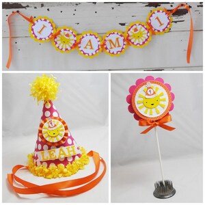 Adereços para fotos de bolo Girl Sunshine Smash, conjunto de 3 peças, primeiro aniversário de menina, chapéu de sol personalizado, banner para cadeira alta, topper, pacote de festa