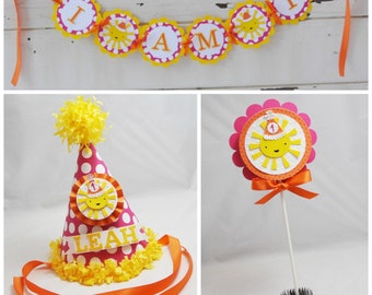 Girl Sunshine Smash Cake Photo Props, 3 Piece Set, 1st First Birthday Girl, Personalized Sun Hat, High Chair Banner, Topper, Party Package