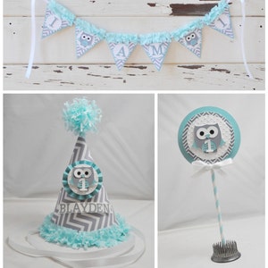 Boy Owl Smash Cake Photo Props 3 Piece Set, 1st First Birthday Boy, Personalized Party Hat, High chair Highchair Banner, Topper