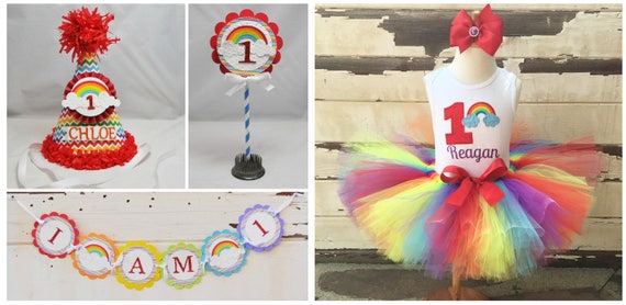 Rainbow Party Package, Tutu Outfit and Cake Smash Set, 1st First Birthday Girl, Personalized Hat and Bodysuit, High Chair Banner, Topper Il_570xn