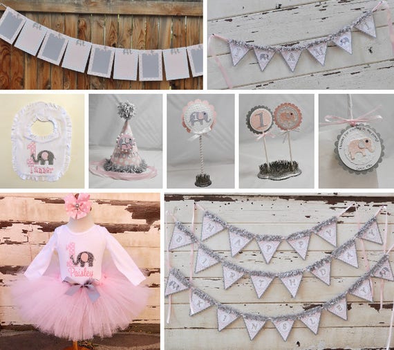 Girl Elephant Party Package, Complete 1st First Birthday Set, Tutu Outfit, Personalized Bodysuit, Bib, Hat and Matching Decor Decorations Il_570xn