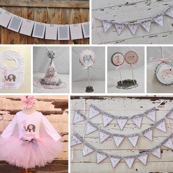 Girl Elephant Party Package, Complete 1st First Birthday Set, Tutu Outfit, Personalized Bodysuit, Bib, Hat and Matching Decor Decorations