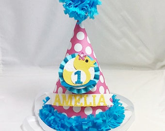 Mädchen Gummi Ducky 1. Geburtstag Party Hut personalisiert, Baby Kleinkind zerschlagen Kuchen Foto Prop, gelbe Ente Dekorationen Dekor