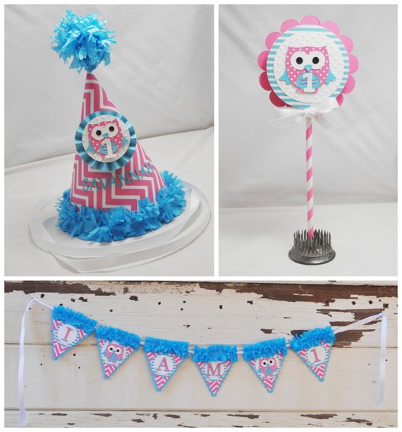 Girl Owl Smash Cake Photo Props Set, 1st First Birthday Toddler Baby Girl, Personalized Party Hat, High Chair Banner, Cake Topper Il_570xn