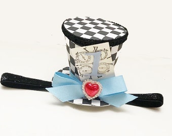 Alice in Wonderland Inspired Mini Top Hat Headband Steampunk Fascinator, Mad Hatter Tea Party