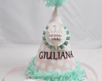 Sombrero de fiesta de cono de helado personalizado, 1er primer cumpleaños bebé niña, dulce tienda smash pastel foto prop