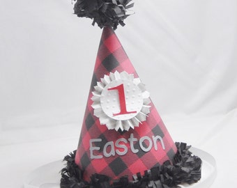 Buffalo Plaid Party Hat Personalized, Baby Toddler 1st Birthday, Lumberjack Smash Cake Photo Prop