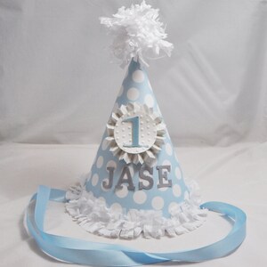 Chłopięcy kapelusz imprezowy w niebieskie kropki, maluch 1. urodziny spersonalizowany Smash Cake Photo Prop