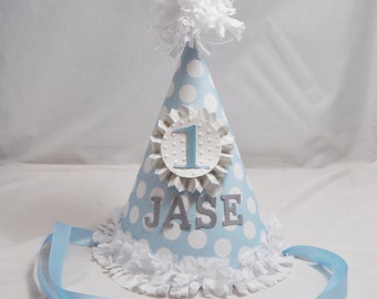 Boy Baby Blue Polka Dot Party Hat, Toddler 1st Birthday Custom CustomIzed Smash Cake Photo Prop