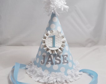 Boy Baby Blue Polka Dot Party Hat, Toddler 1st Birthday Custom Personalized Smash Cake Photo Prop