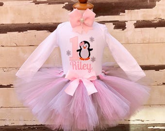 Penguin 1st Birthday Tutu Outfit Pink and Grey, Winter Onederland Personalized Snowflake Bodysuit and Headband, Baby Girl