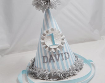 Personalized Striped Party Hat, Baby Toddler Boy First 1st Birthday, Smash Cake Photo Prop