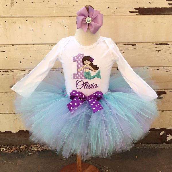 Mermaid Tutu Outfit, 1st First Birthday Girl Under the Sea Party, Purple & Aqua, Personalized Bodysuit, Headband Hair bow