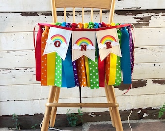 Rainbow ONE High Chair Banner, Ribbon And Fabric, 1st Birthday Girl Highchair Bunting Garland, Party Decor Decoration