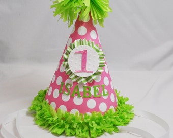 Girl 1st Birthday Polka Dot Party Hat Personalized, Smash Cake Photo Prop, Custom Toddler Baby Hat