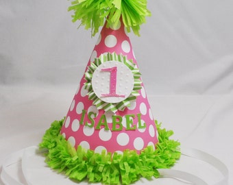 Chica 1er cumpleaños Polka Dot Party Sombrero personalizado, Smash Cake Photo Prop, sombrero de bebé de niño personalizado