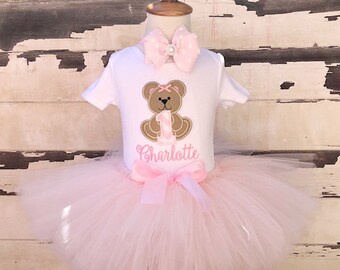 Teddy Bear Tutu Outfit, 1st First Birthday Girl, Personalized Bodysuit, Floral Headband, Baby Girl Cake Smash Photo, Little Bear Party