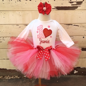 Valentine Tutu Outfit, 1st First Birthday Girl, Personalized Heart Bodysuit, Headband Hair Bow, Cake Smash Outfit, Red and Pink