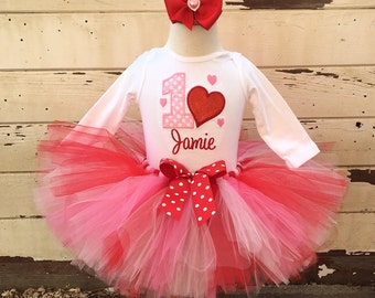 Valentine Tutu Outfit, 1st First Birthday Girl, Personalized Heart Bodysuit, Headband Hair Bow, Cake Smash Outfit, Red and Pink