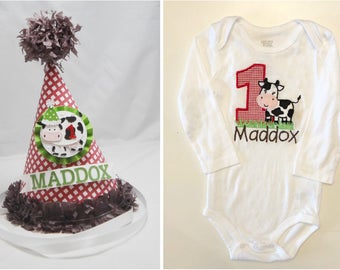 Cow Party Hat Personalized and Shirt Or Bodysuit Set, Farm Themed Birthday, Smash Cake Photo Props, 1st Birthday Toddler Baby Boy or Girl