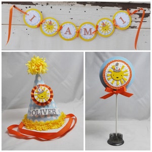 Adereços para fotos de bolo Sunshine Smash, chapéu de festa de sol personalizado para primeiro aniversário, banner de cadeira alta, topper, decorações de pacote de festa