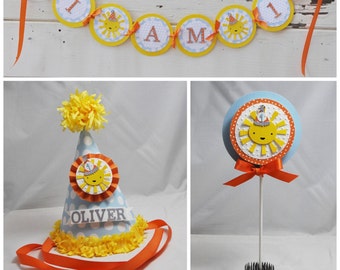 Boy Sunshine Smash Cake Photo Props, 1st First Birthday Personalized Sun Party Hat, High chair Banner, Topper, Party Package Decorations