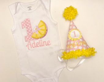 Pink Lemonade Shirt Bodysuit and Party Hat Set Personalized, 1st First Birthday Toddler Baby Girl, Smash Cake Photo Props