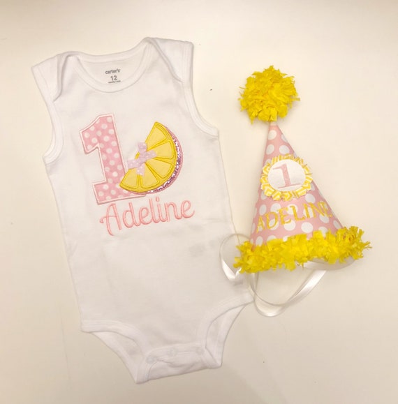 Pink Lemonade Shirt Bodysuit and Party Hat Set Personalized, 1st First Birthday Toddler Baby Girl, Smash Cake Photo Props Il_570xn