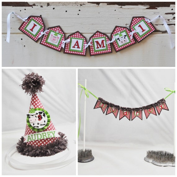 Farm Themed Smash Cake Photo Props Set, 1st First Birthday Boy Or Girl, Personalized Party Hat, High Chair Banner, Cake Bunting, Cow, Pig Il_570xn