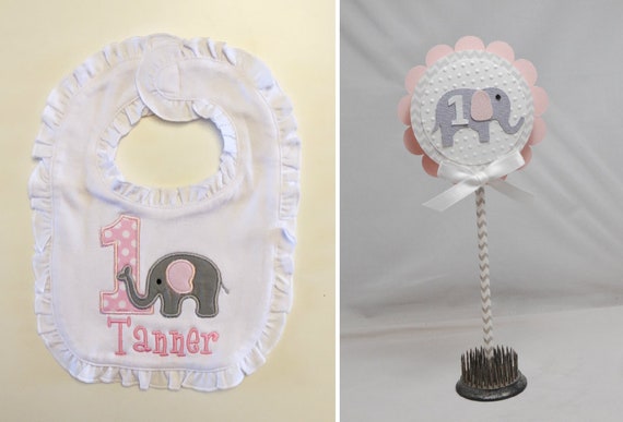 Personalized Elephant Bib and Cake Topper Set, 1st First Birthday Baby Toddler Girl, Smash Cake Photo Props, Elephant Birthday Party Decor Il_570xn