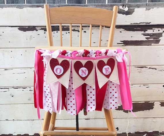 Girl Heart High Chair Banner, ONE Ribbon And Fabric Highchair Bunting, Love Valentine Birthday Party Decor Decoration Il_570xn
