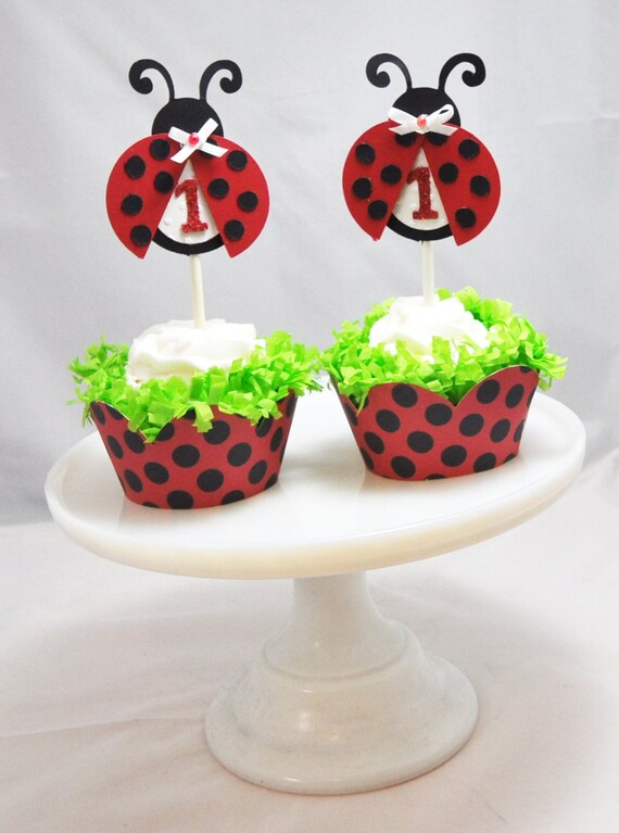 Ladybug Cupcake Toppers and Wrappers, Girl 1st First Birthday Garden Party Decor, Set of 12 Il_570xn