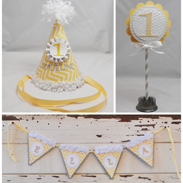 Yellow Chevron Photo Props Cake Smash Set, 1er premier anniversaire toddler girl, chapeau personnalisé de partie, bannière de chaise haute, topper de gâteau