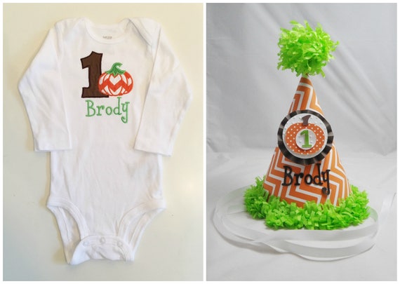 Boy Pumpkin Personalized Bodysuit And Party Hat Set, 1st First Halloween Fall Birthday, Smash Cake Photo Props Il_570xn