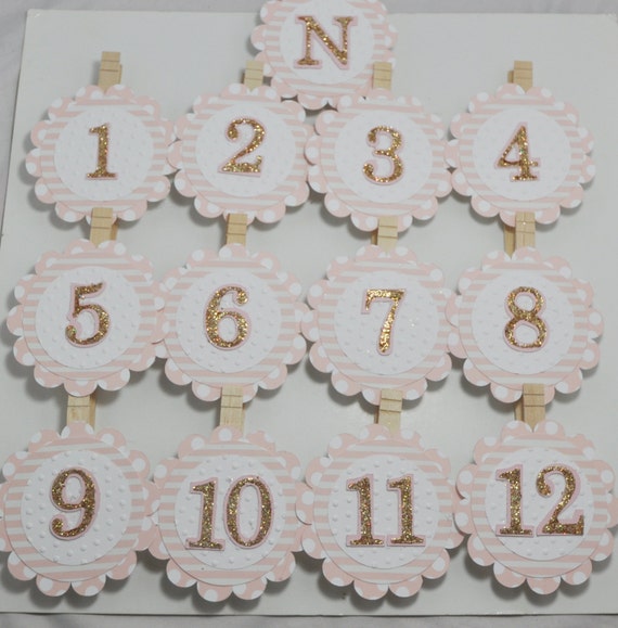 Pink and Gold Polka Dot Photo Clips, Set of 13, Baby Girl 1st Year Birthday Picture Memory Banner Il_570xn