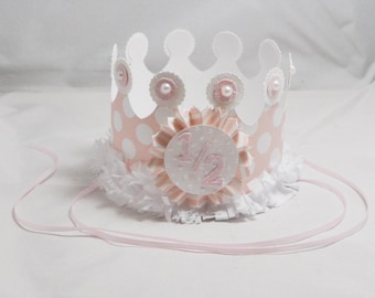 Baby Girl Half Birthday Crown, 6 Month 1/2 Smash Cake Photo Prop, Pink And White Polka dots