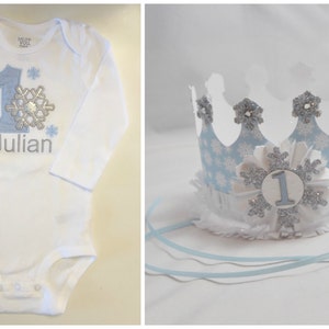 Boy Snowflake Bodysuit Personalized And Crown Set, Baby Toddler Winter Onederland Themed 1st First Birthday, Smash Cake Photo Props image 1