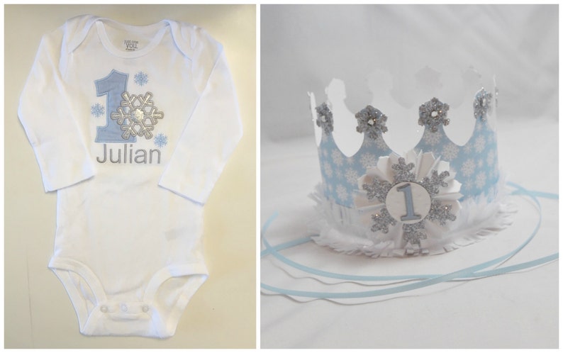 Boy Snowflake Bodysuit Personalized And Crown Set, Baby Toddler Winter Onederland Themed 1st First Birthday, Smash Cake Photo Props image 1