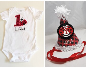 Ladybug Shirt Or Bodysuit And Personalized Party Hat Set, 1st first Birthday Baby Toddler Girl,  Smash Cake Photo,  Little Lady