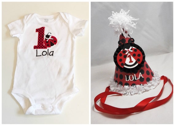 Ladybug Shirt Or Bodysuit And Personalized Party Hat Set, 1st first Birthday Baby Toddler Girl, Smash Cake Photo, Little Lady Il_570xn