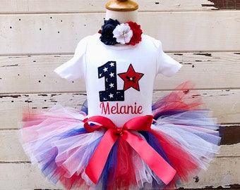 Patriotic Tutu Outfit, 1st Birthday Set, 4th of July, Red White Blue, Personalized Bodysuit, Headband Hair bow, Cake Smash Set Baby Girl