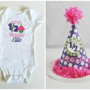 Girl Half Birthday Hat Personalized And Matching Bodysuit Cupcake Shirt Set, 6 month Baby Smash Cake Photo Prop Party image 2