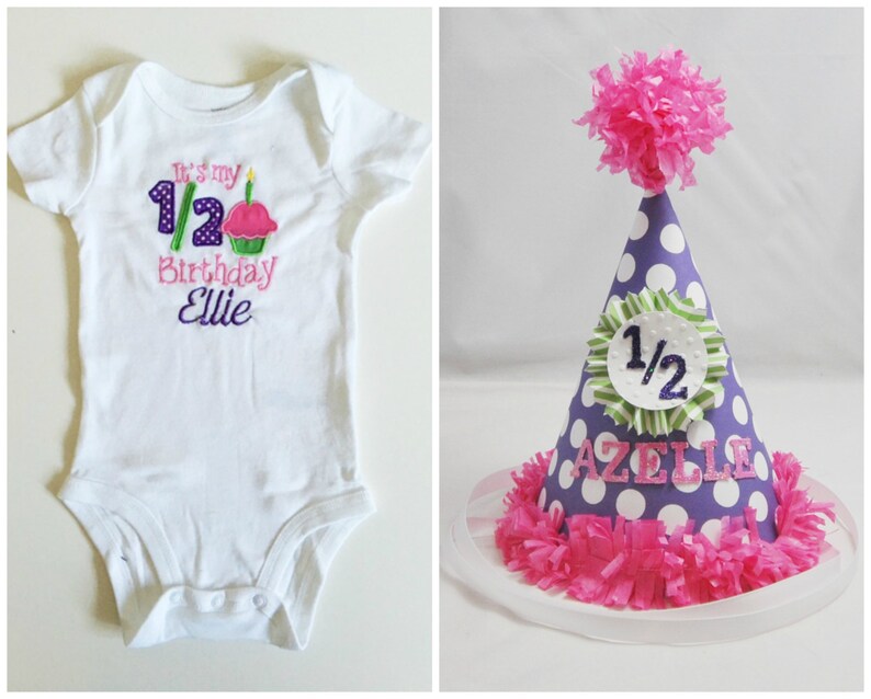 Girl Half Birthday Hat Personalized And Matching Bodysuit Cupcake Shirt Set, 6 month Baby Smash Cake Photo Prop Party image 2