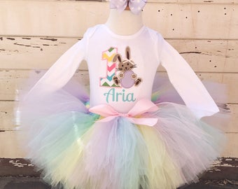 Bunny Tutu Outfit, 1st First Birthday Set, Somebunny is One, Easter Birthday, Personalized Bodysuit, Headband Hair bow,  Pastel Colors Girl