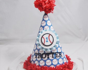 Baseball Party Hat Personalized, First 1st Birthday Baby Toddler Boy, Smash Cake Sports Themed Photo Prop Custom Hat