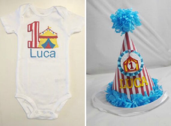 Circus Tent Bodysuit and Personalized Party Hat Set, 1st First Birthday Toddler Baby Boy, Smash Cake Photo Props Il_570xn