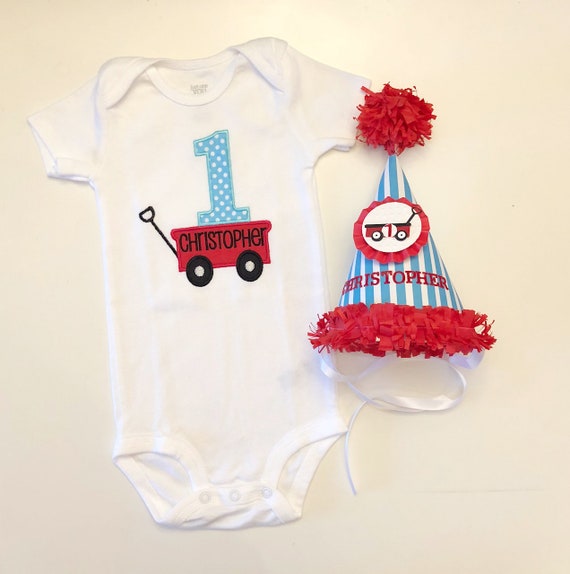 Little Red Wagon Bodysuit or Shirt and Personalized Custom Party Hat Set, 1st First Birthday Toddler Baby Boy, Smash Cake Photo Props Il_570xn